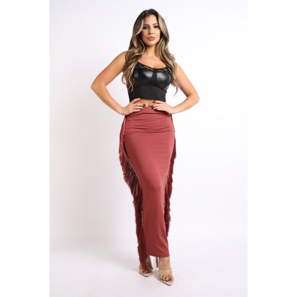 Women's Sexy Fringe Maxi Bodycon Midi Pencil Skirt High Waisted Tassels Side - Picture 10 of 12